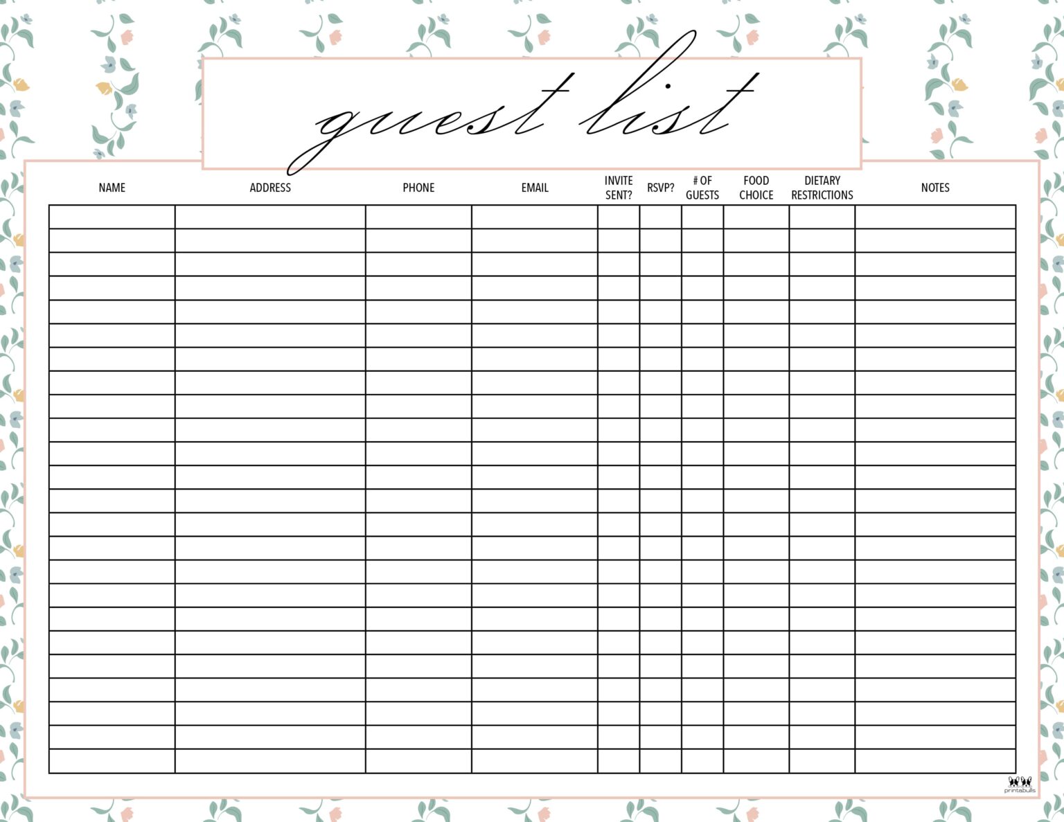 Wedding Guest List Templates Free Lists Printabulls