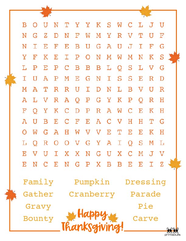 Printable Thanksgiving Word Search-Medium 4