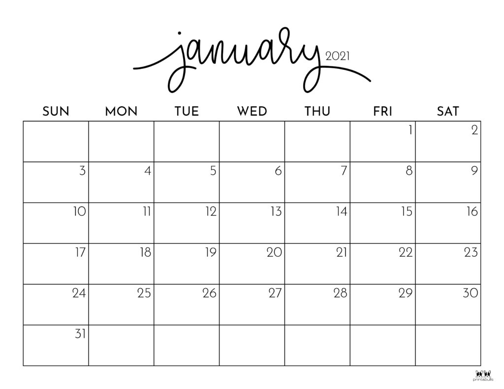 Printable January 2021 Calendar-Style 1