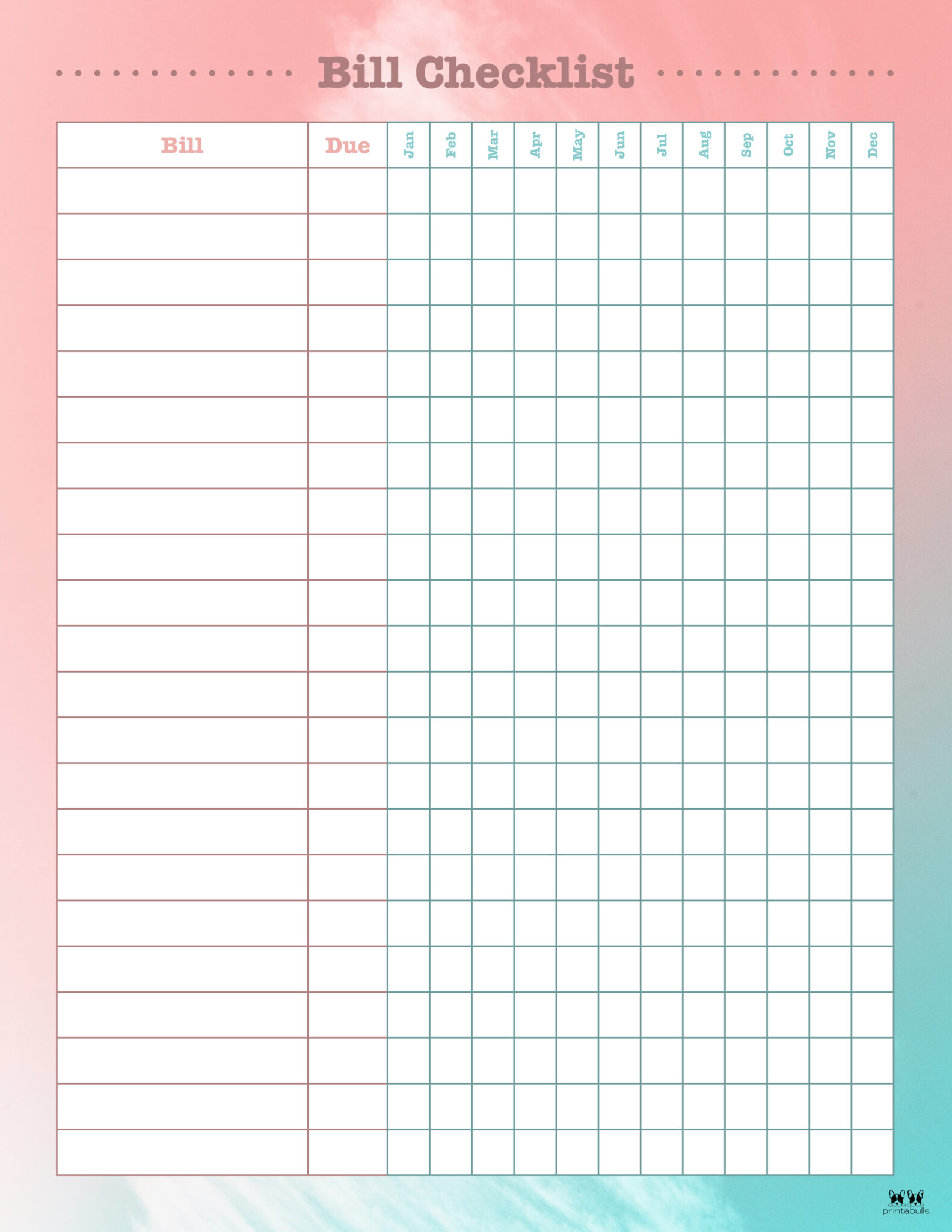 Monthly Bill Organizer Template