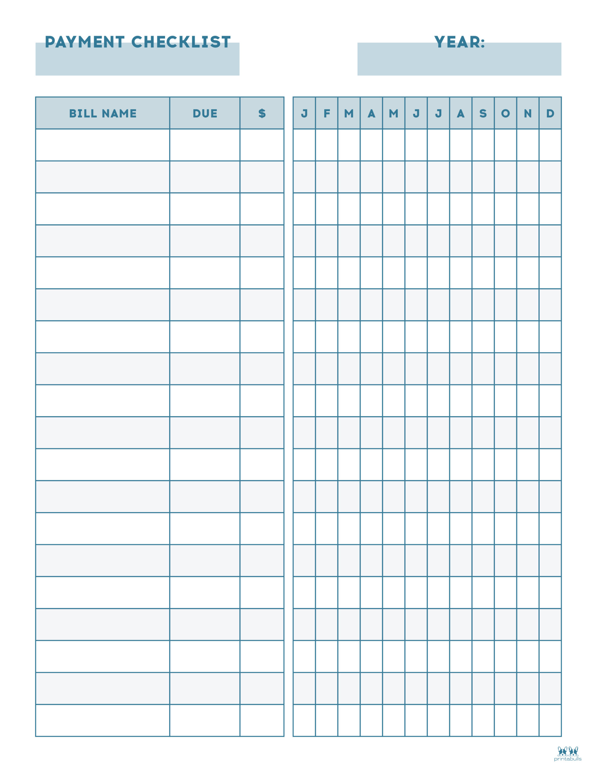 Printable Monthly Bill Organizer Template