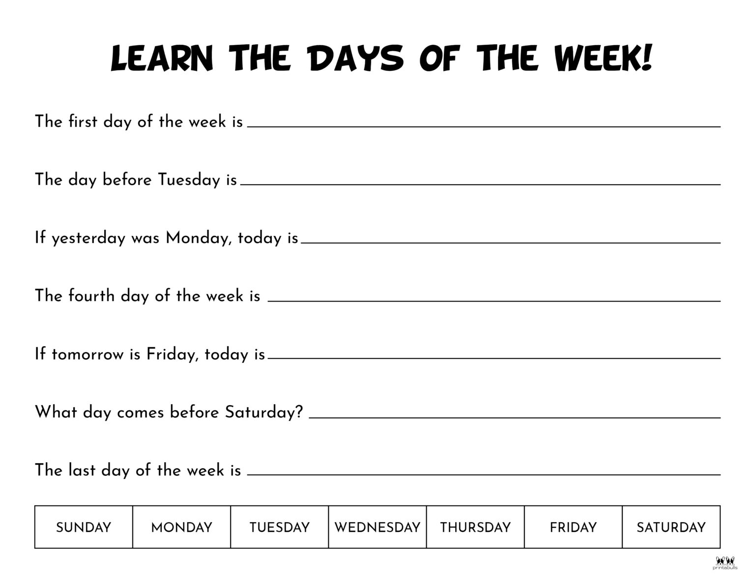 Days of the Week Worksheets & Printables - 50 Free Pages | Printabulls