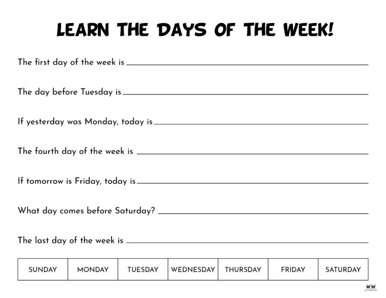 Days Of The Week Worksheets & Printables - 50 Free Pages 