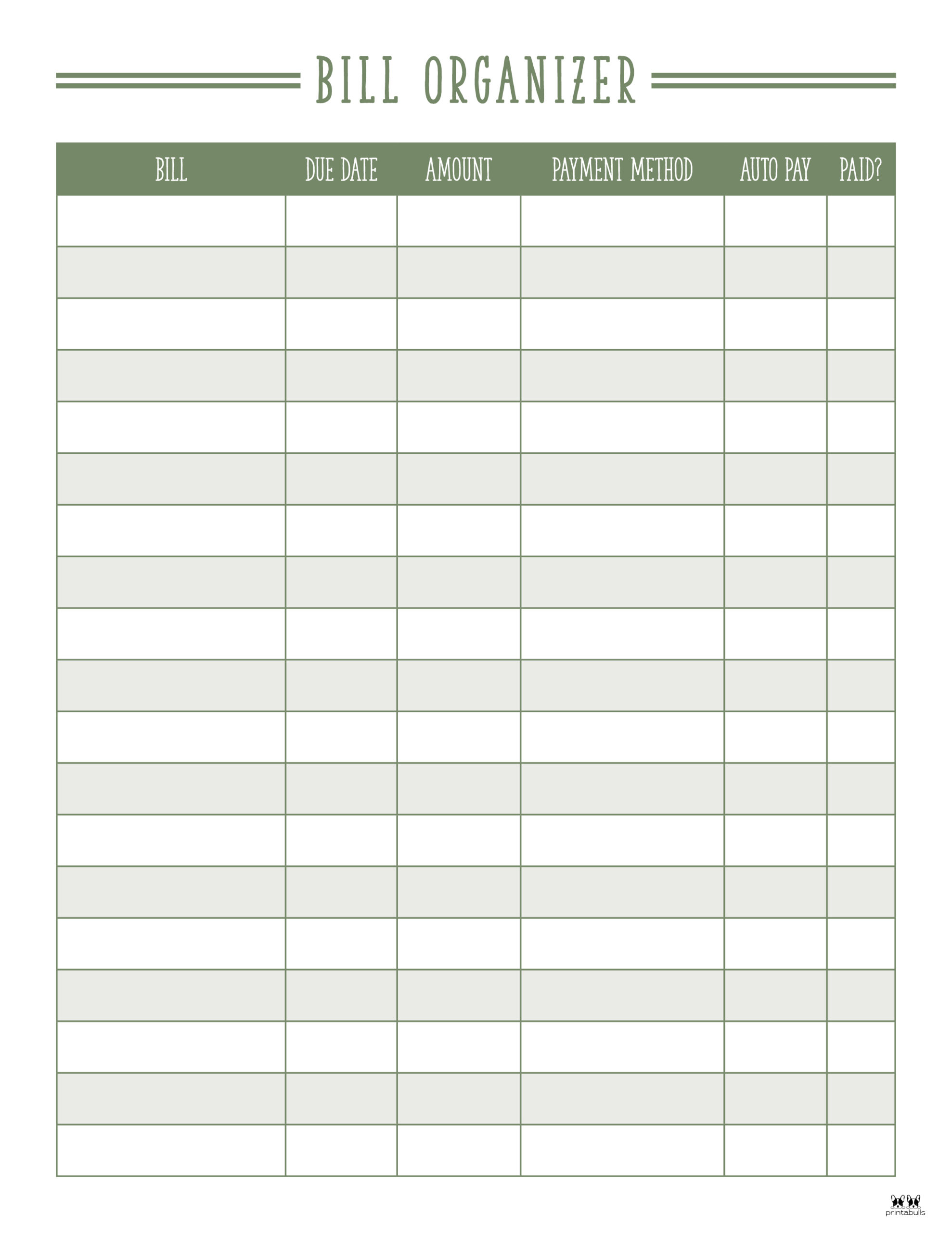 Monthly Bill Organizers - 18 Free Printables | Printabulls