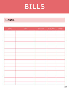 Monthly Bill Organizers - 18 Free Printables | Printabulls