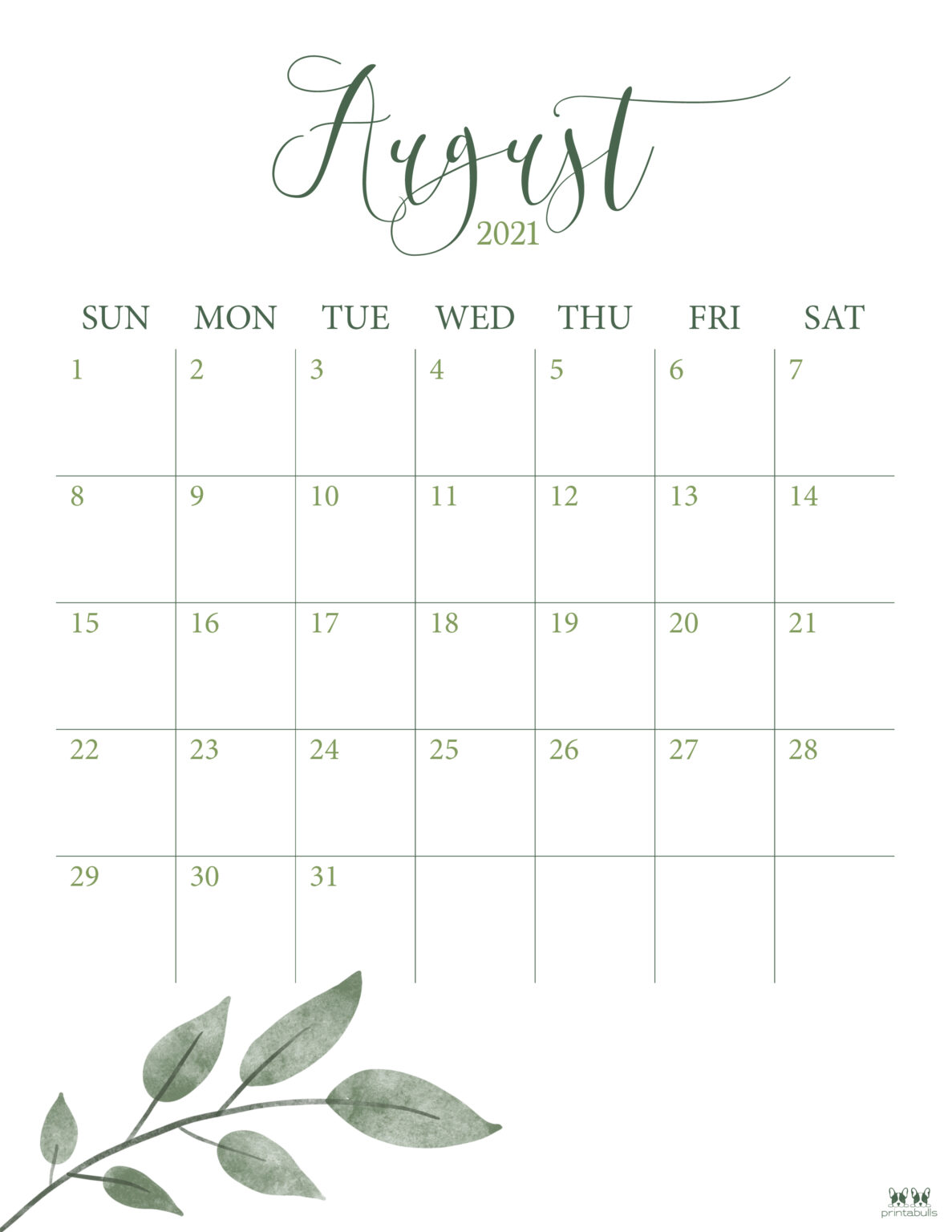 August 2021 Calendars 15 Free Printables Printabulls