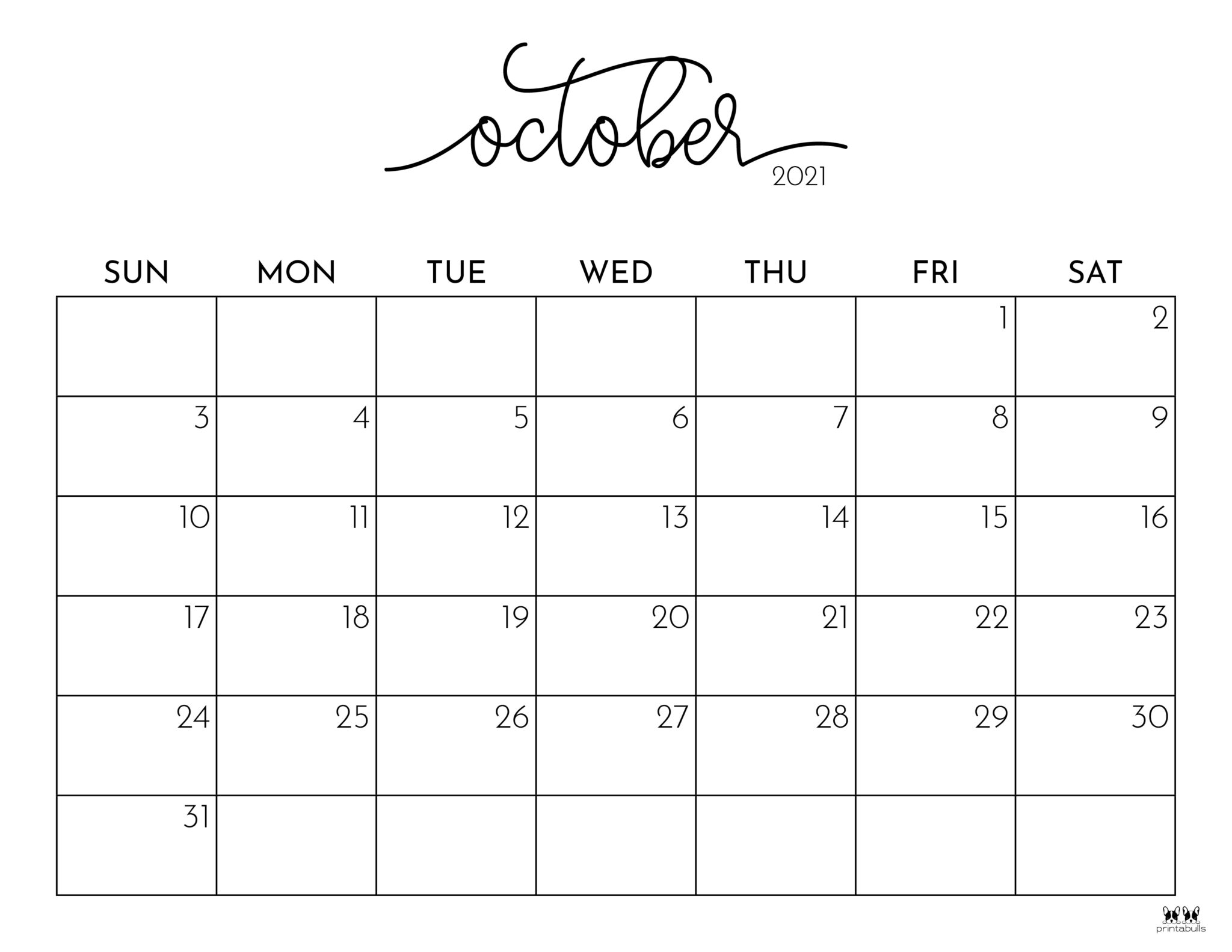 October 2021 Calendars - 15 FREE Printables | Printabulls