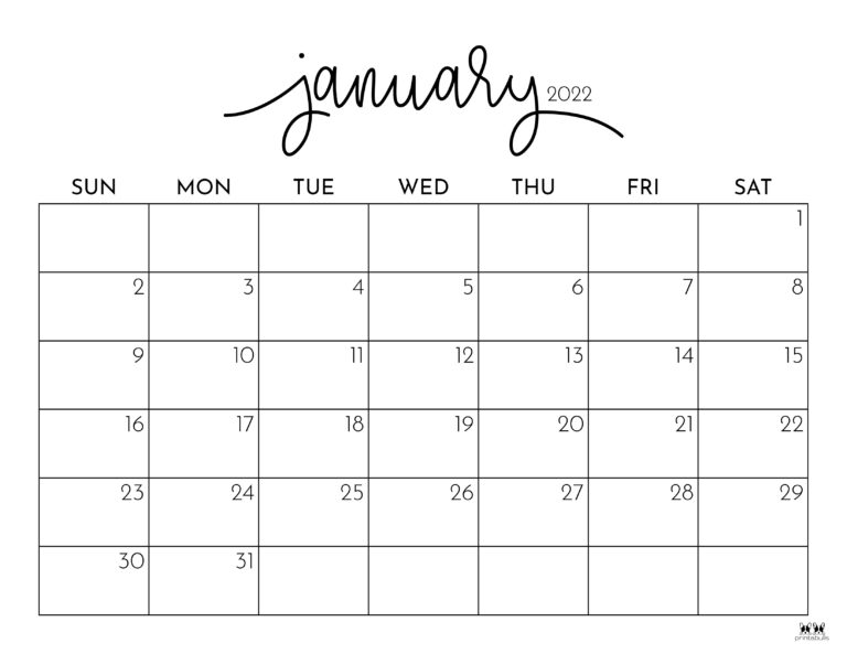 January 2022 Calendars - 15 FREE Printables | Printabulls