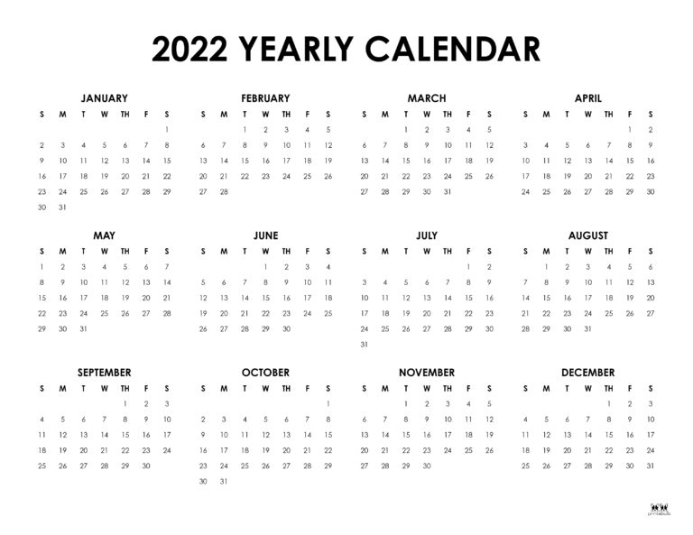 2022 Yearly Calendars - 25 FREE Printables | Printabulls