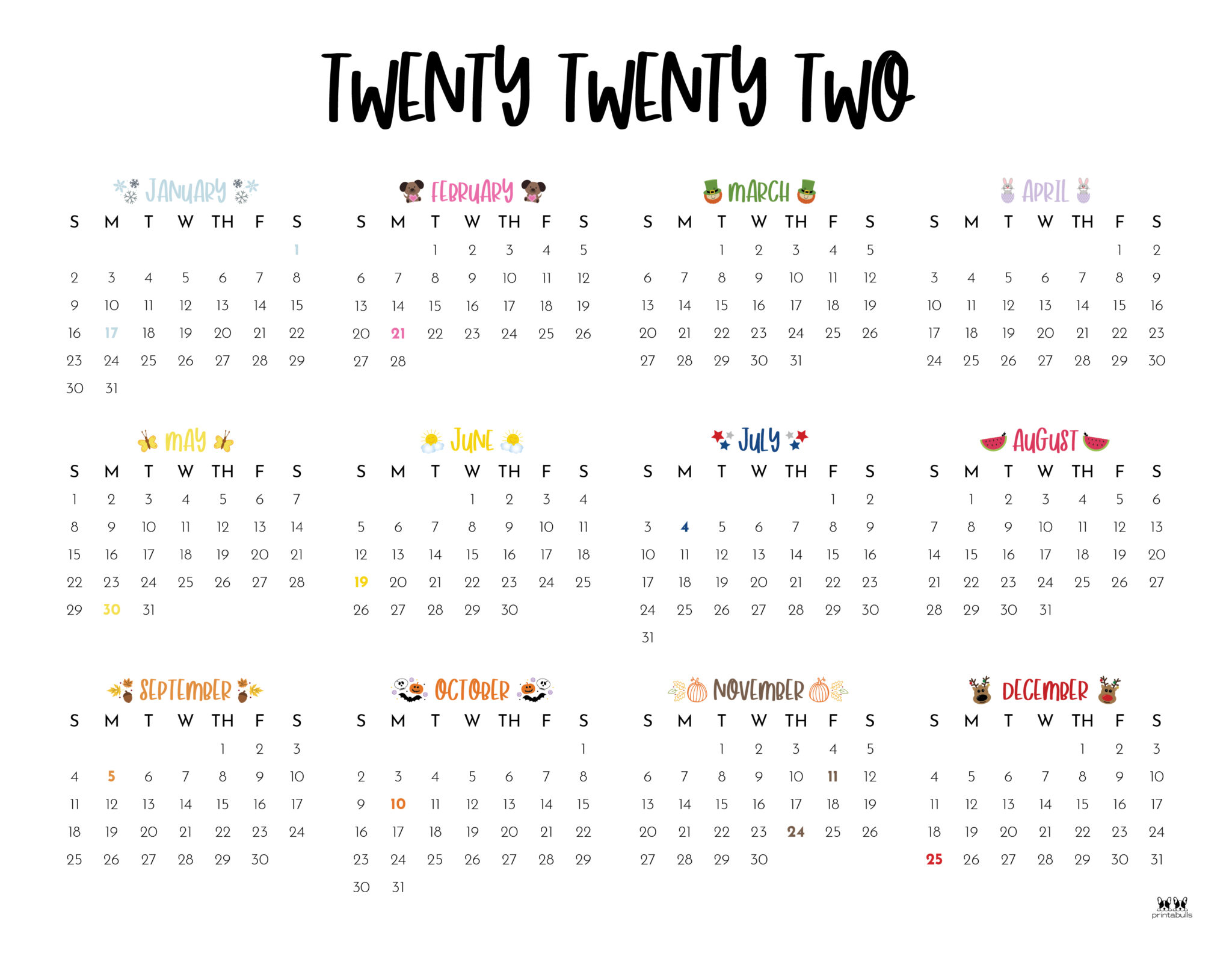 2022 Yearly Calendars - 25 FREE Printables | Printabulls