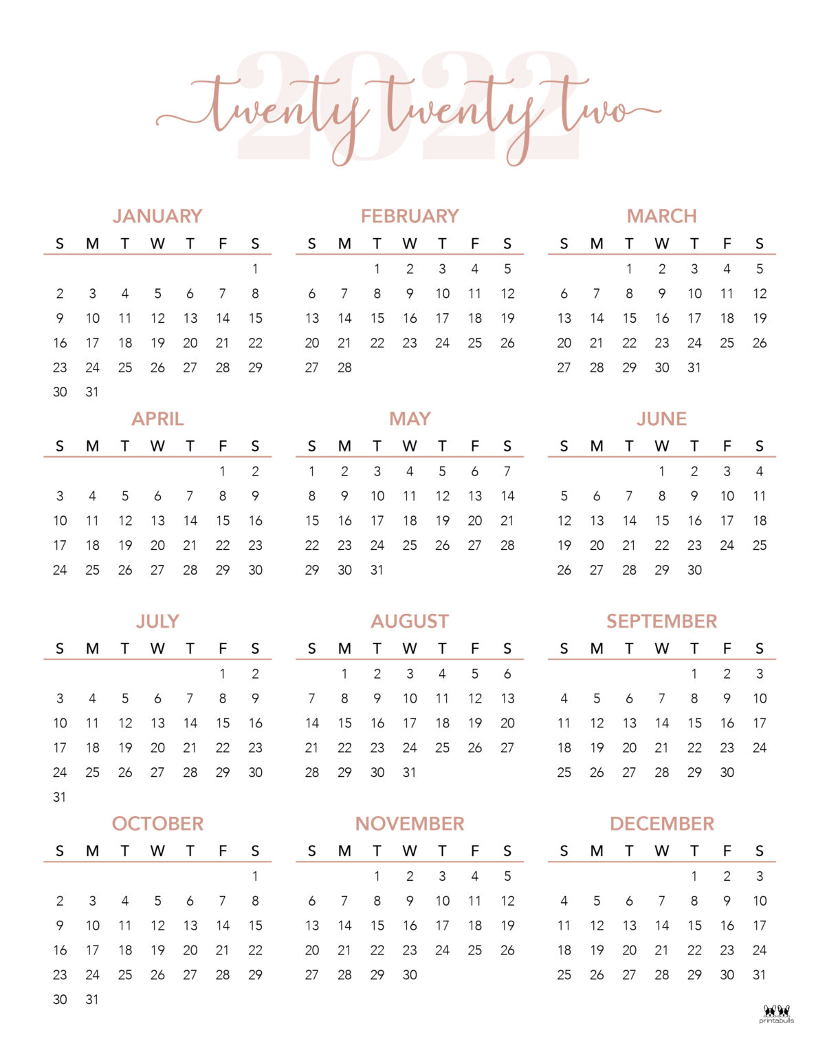 2022 Yearly Calendars - 25 FREE Printables | Printabulls