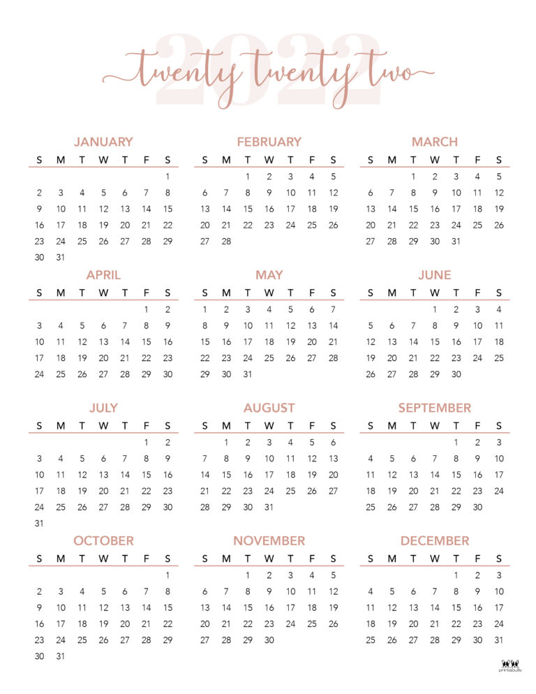 2022 Yearly Calendars - 25 FREE Printables | Printabulls