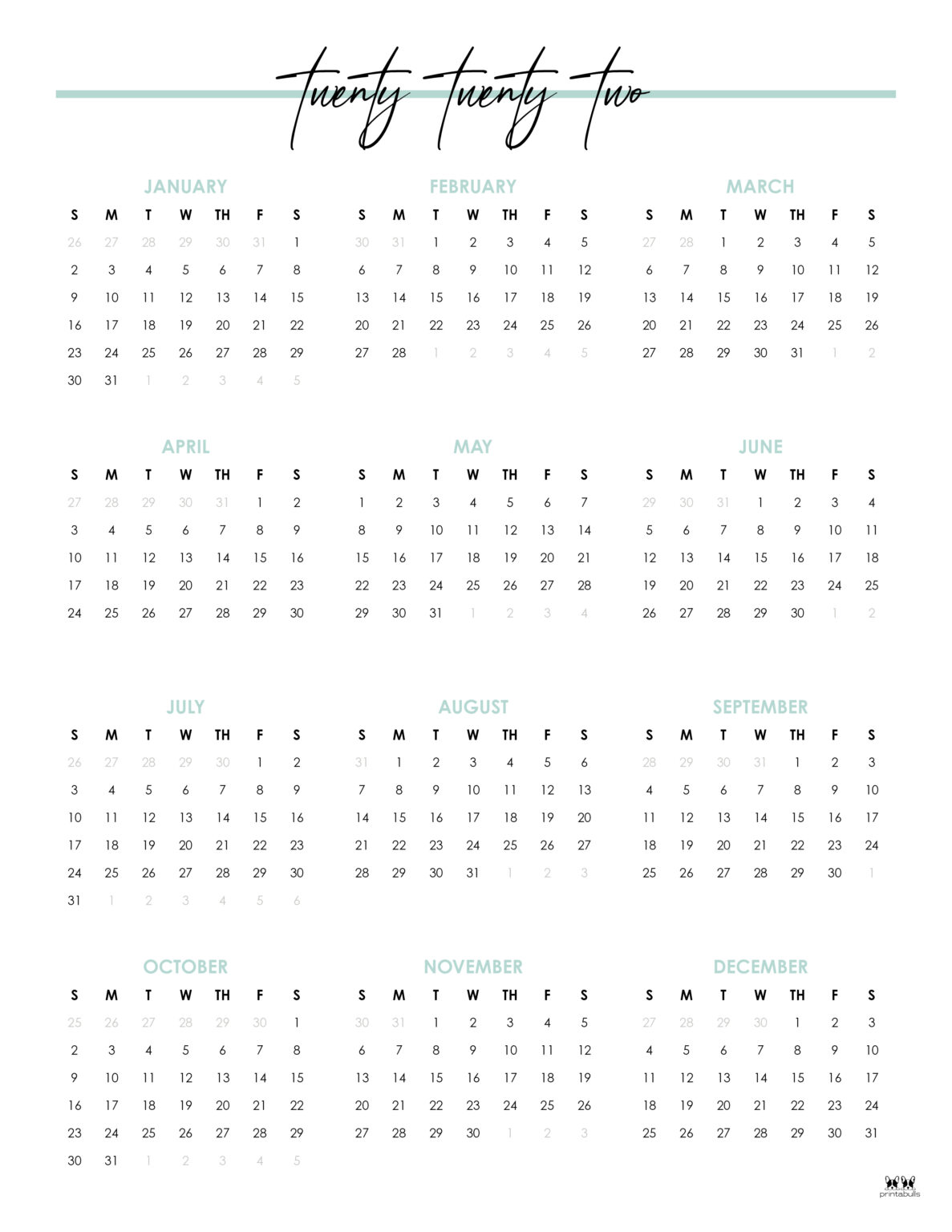 2022 Yearly Calendars - 25 FREE Printables | Printabulls