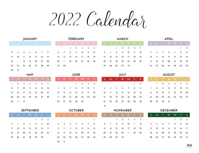 2022 Yearly Calendars - 25 FREE Printables | Printabulls