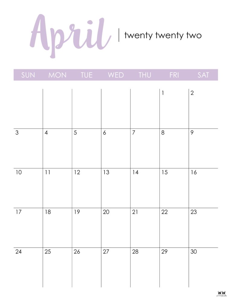 April 2022 Calendars - 25 FREE Printables | Printabulls