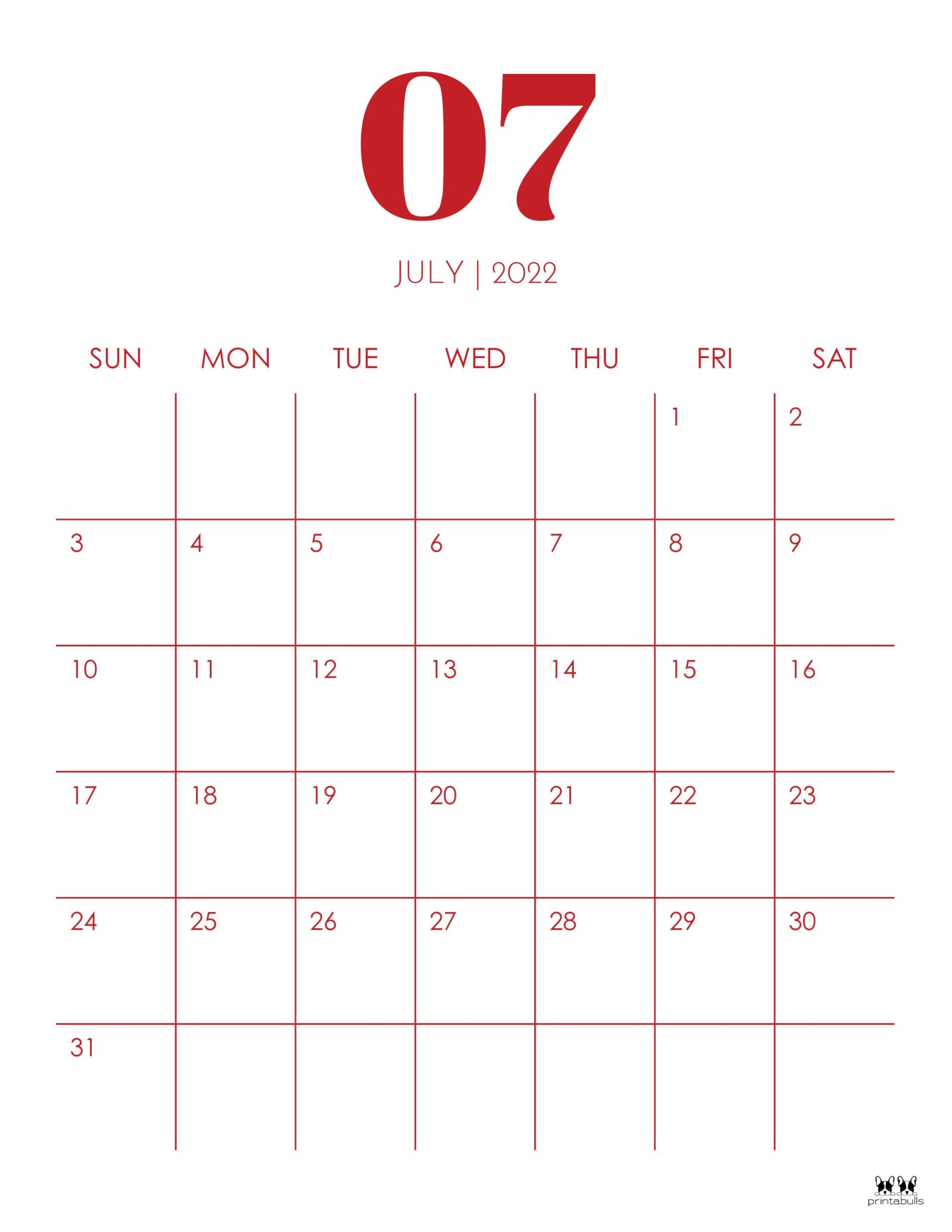 July 2022 Calendars - 33 FREE Printables | Printabulls