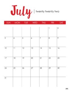 July 2022 Calendars - 33 FREE Printables | Printabulls