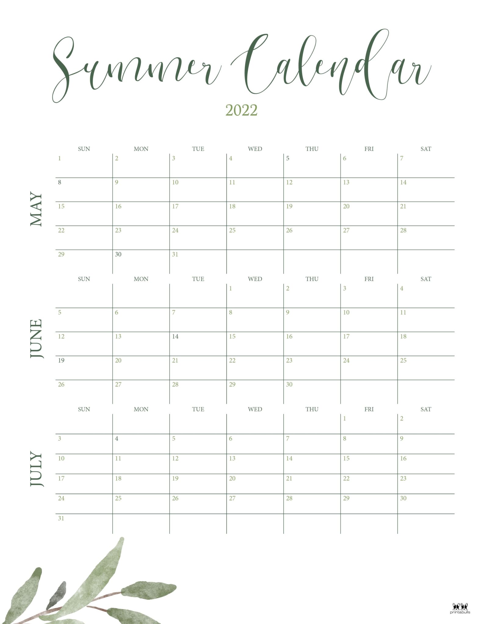 2022 Summer Calendars 15 FREE Printables Printabulls