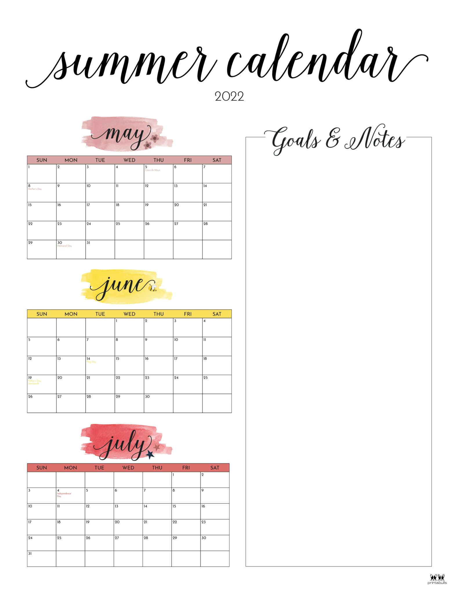 2022 Summer Calendars 15 FREE Printables Printabulls