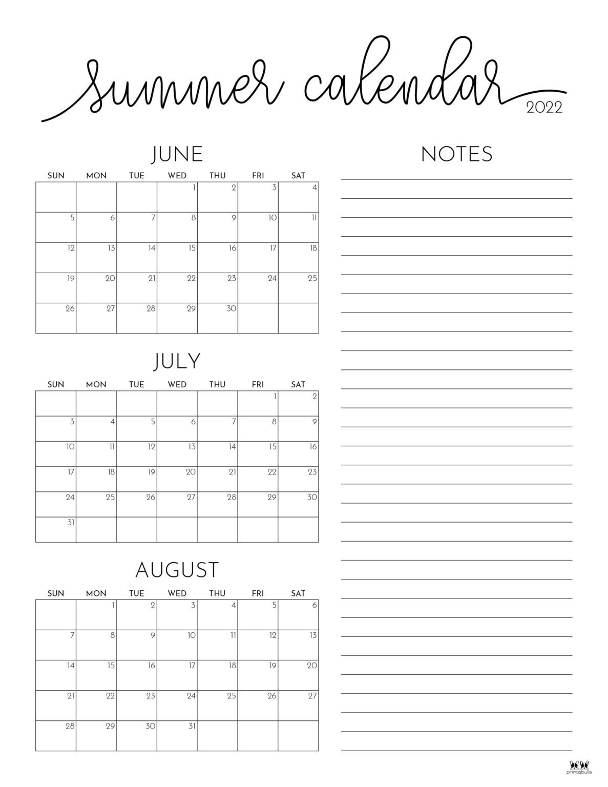 2022 Summer Calendars 15 FREE Printables Printabulls