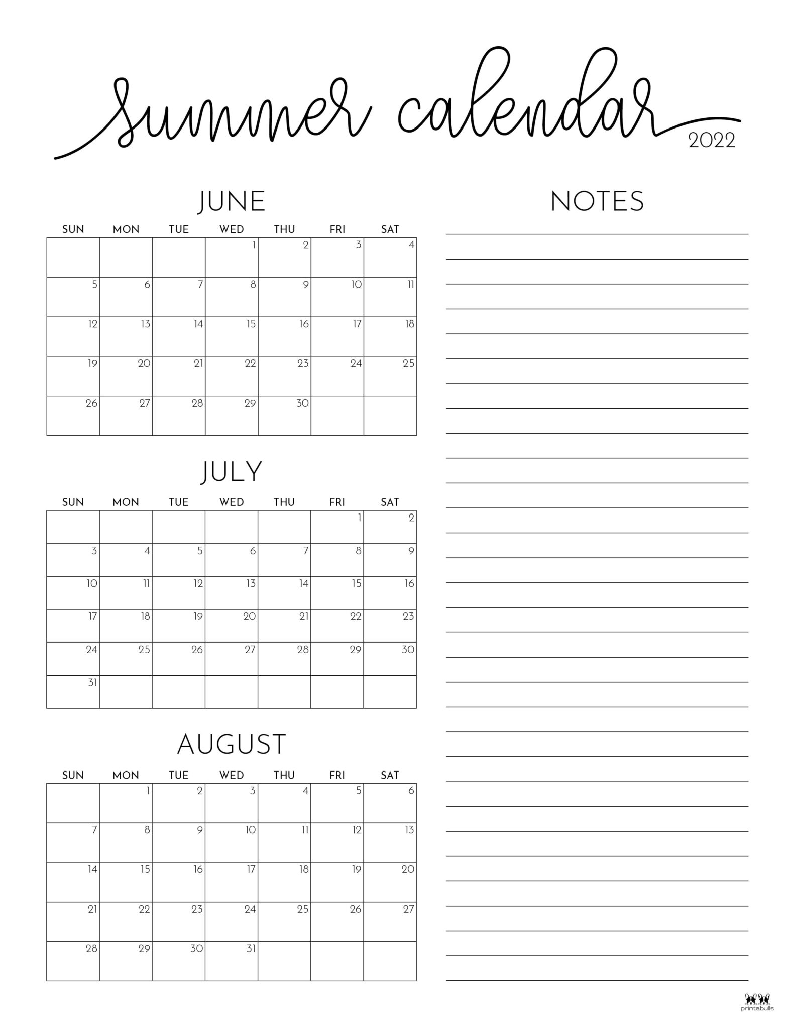 2022 Summer Calendars 15 FREE Printables Printabulls