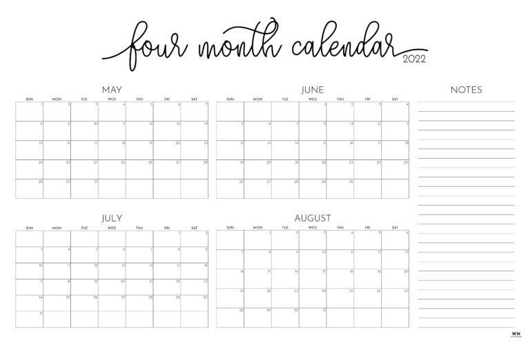 2022 4 Month Calendars - 20 FREE Printables | Printabulls