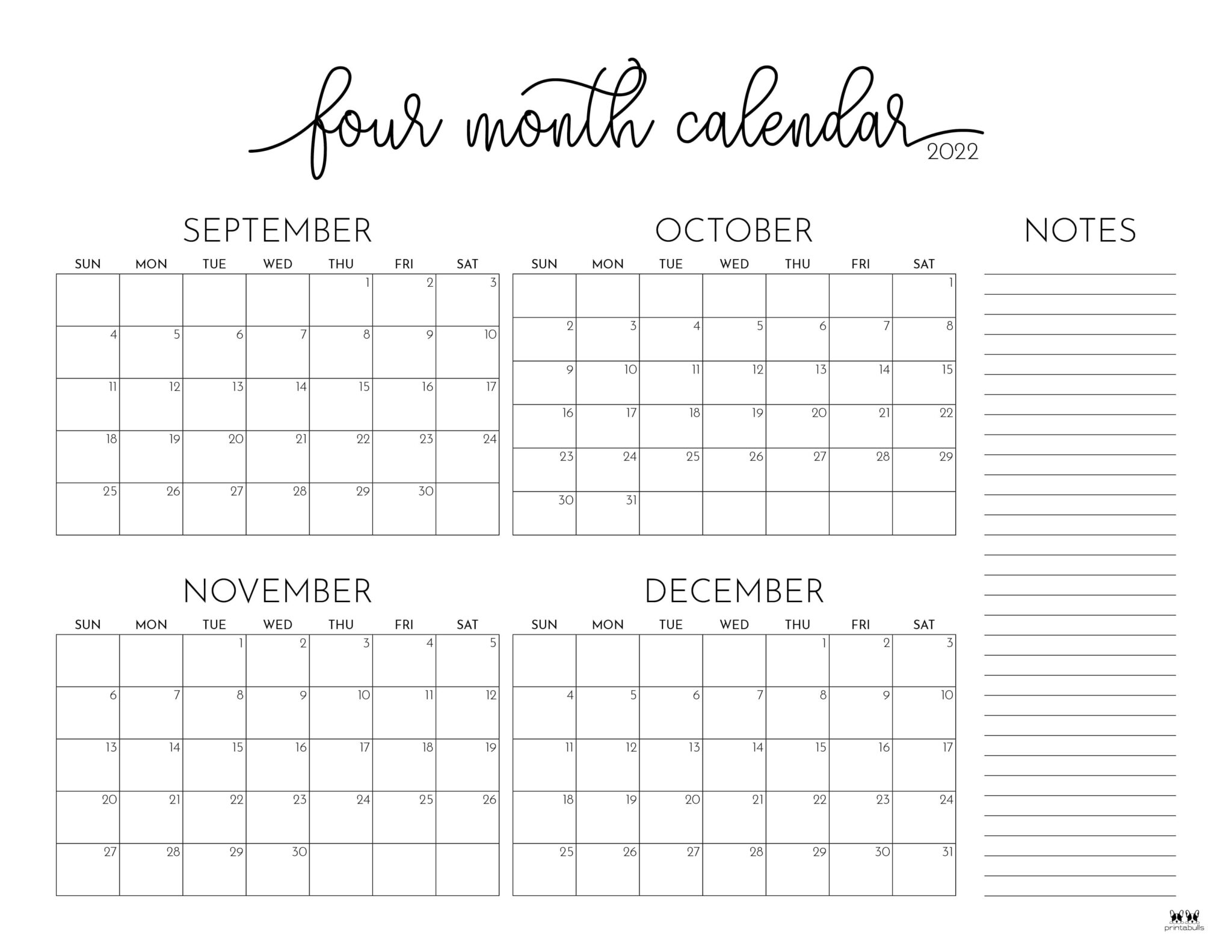 2022 4 Month Calendars - 20 FREE Printables | Printabulls