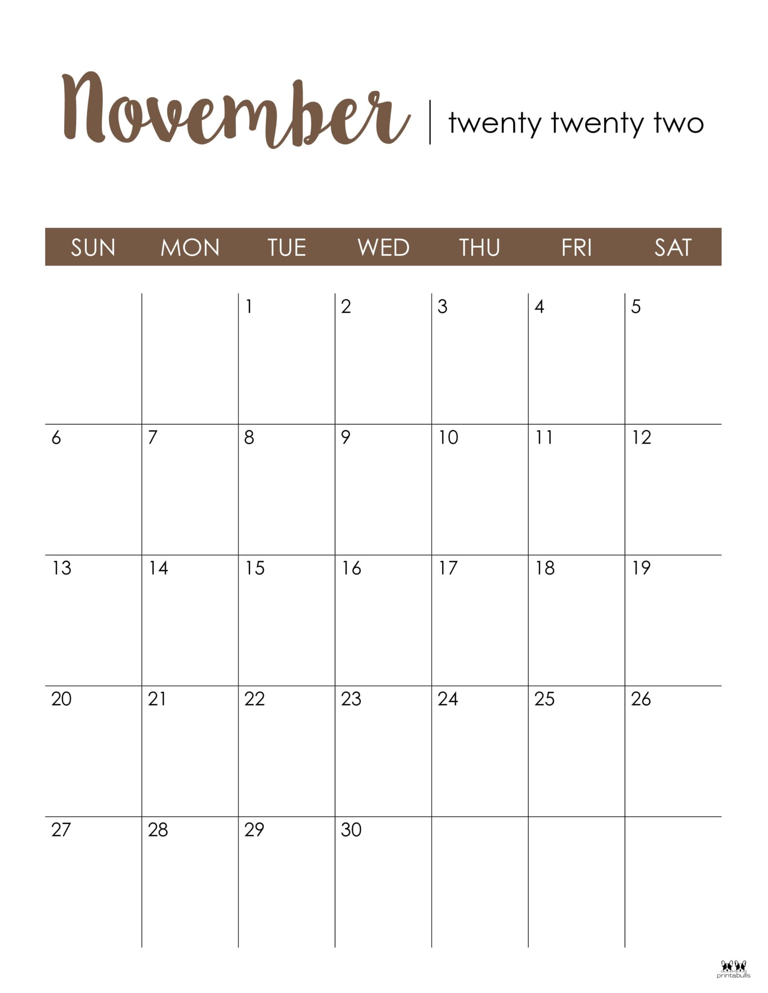 November 2022 Calendars - 50 FREE Printables | Printabulls