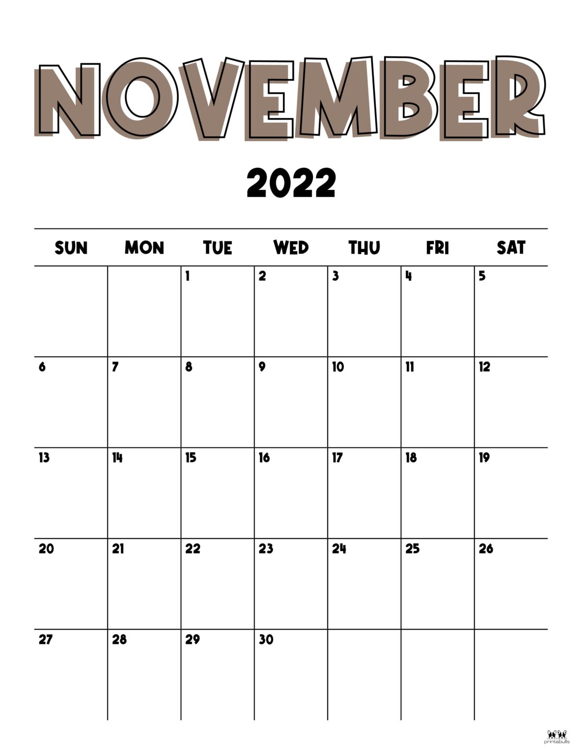 November 2022 Calendars - 50 FREE Printables | Printabulls