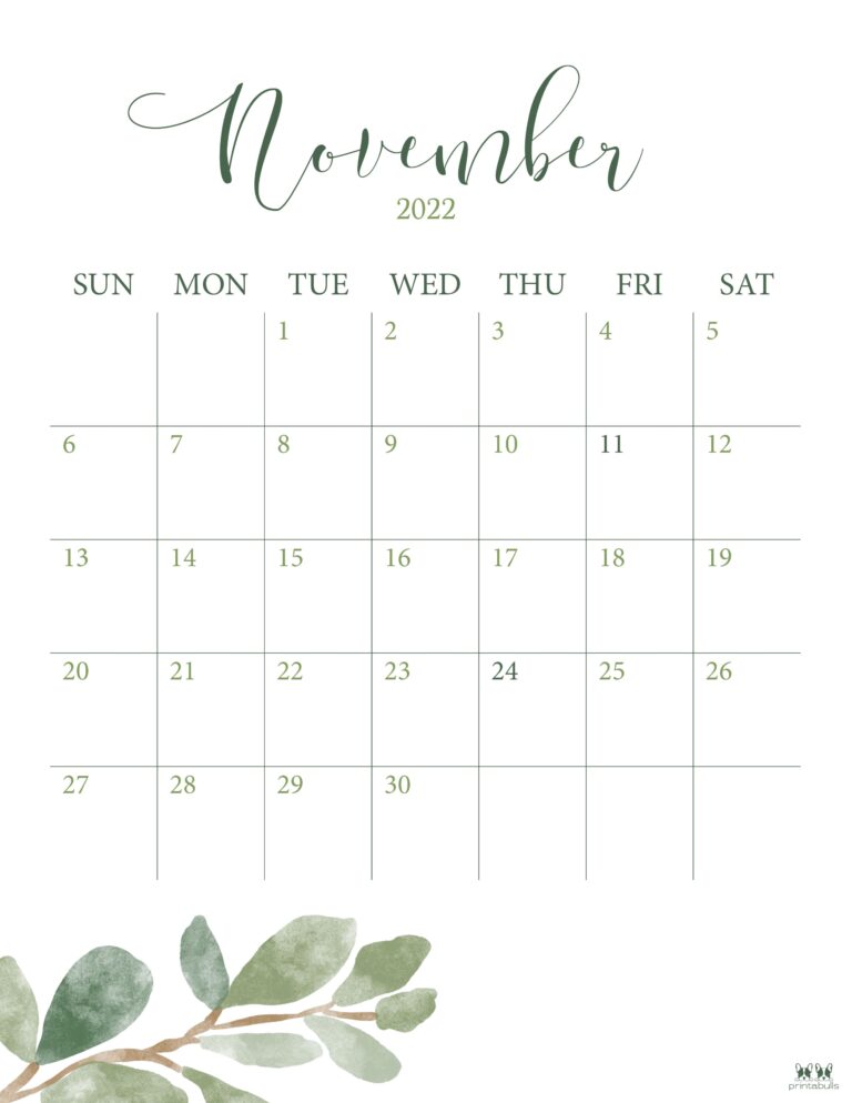 November 2022 Calendars - 50 FREE Printables | Printabulls