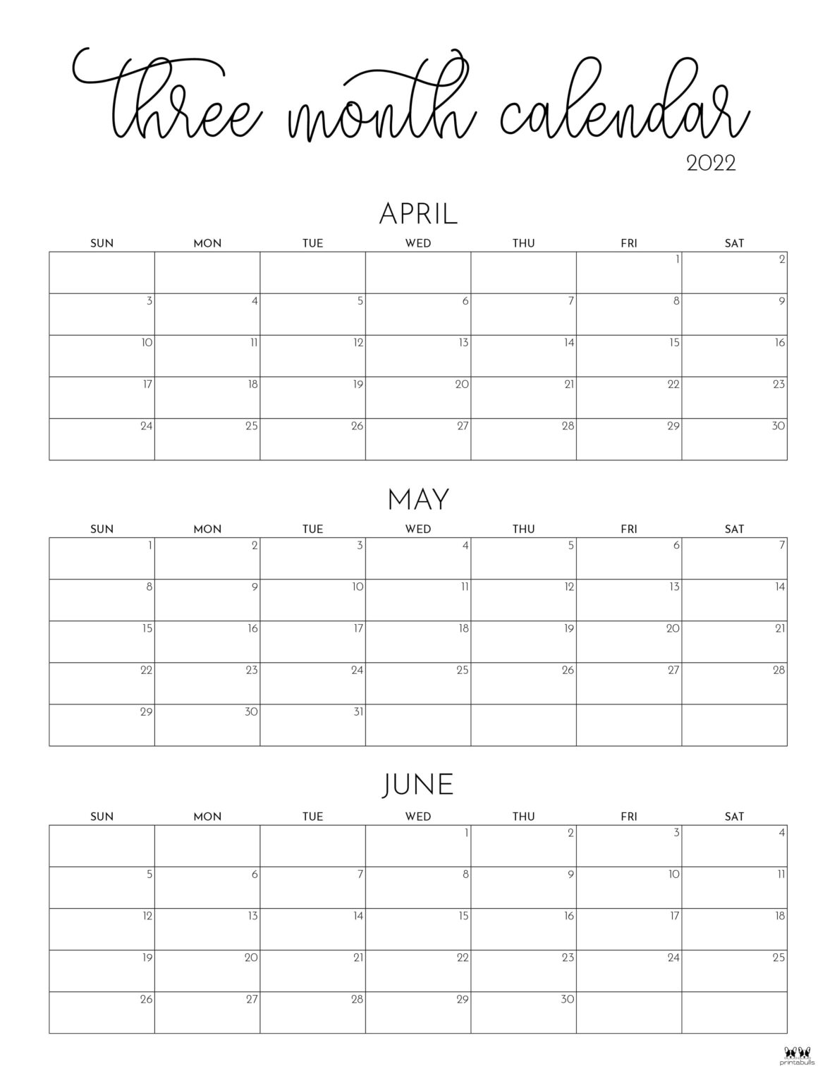 3 Month/Quarterly Calendars 84 FREE Printables Printabulls