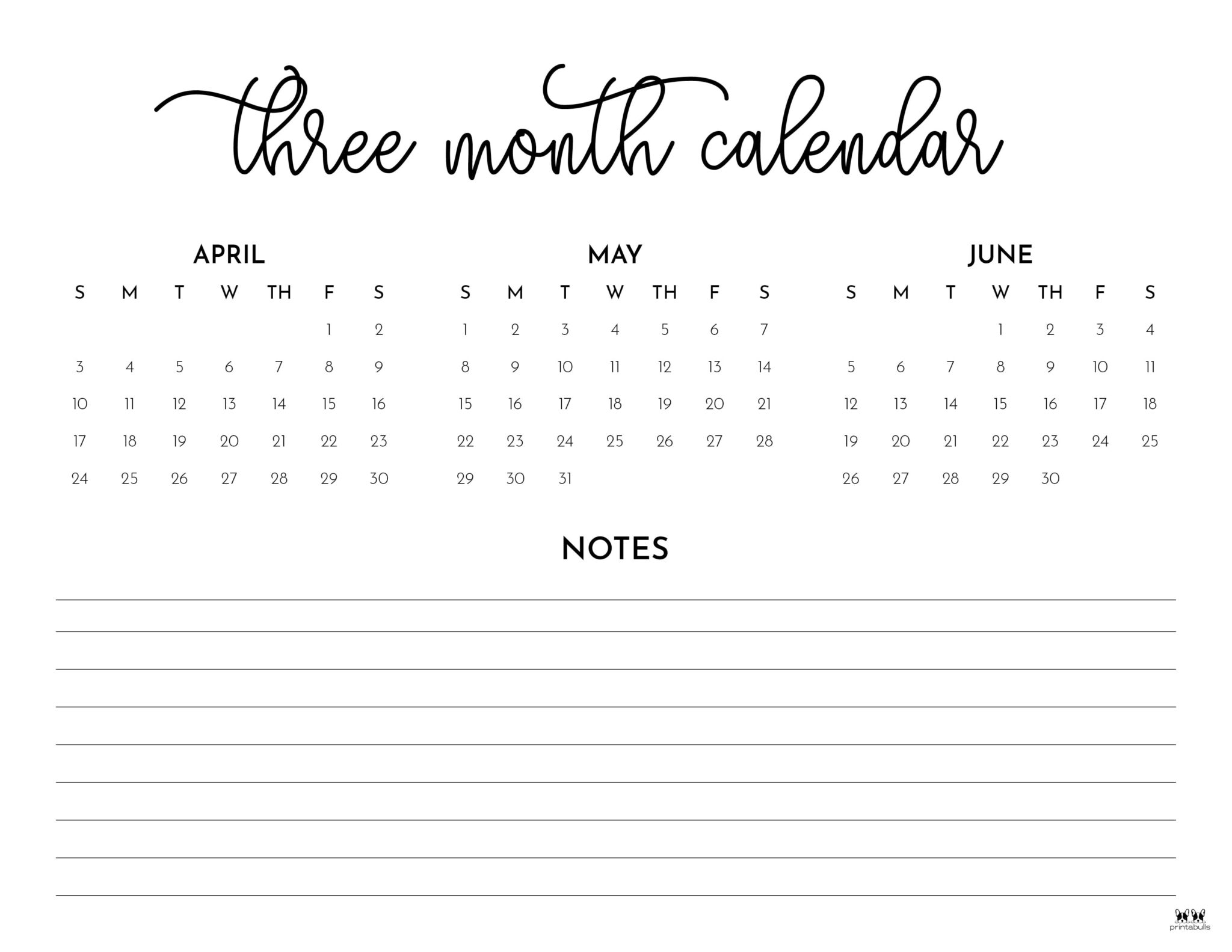 3 Month/Quarterly Calendars - 84 FREE Printables  Printabulls