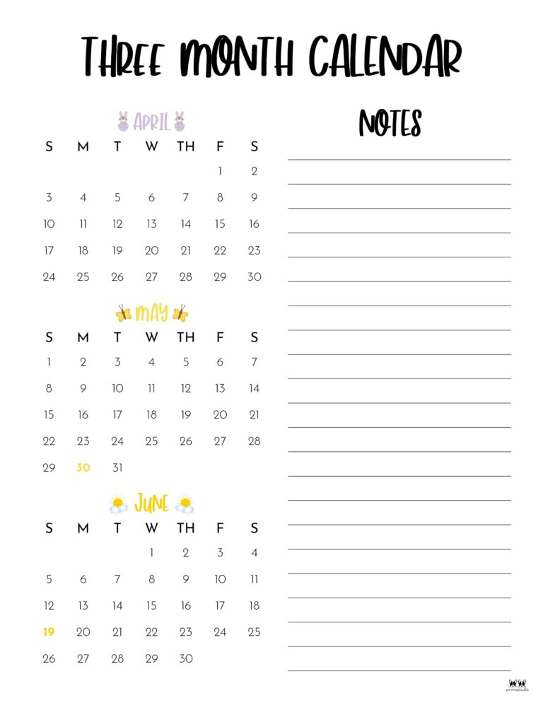 3 Month/Quarterly Calendars 84 FREE Printables Printabulls