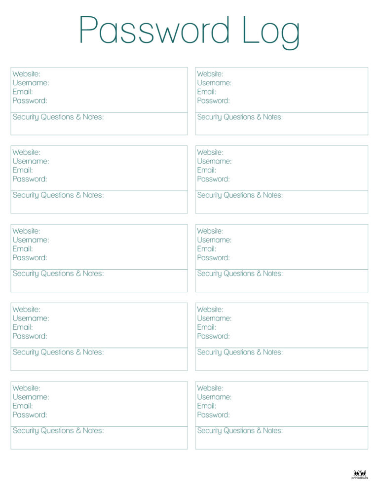 Password Logs & Trackers - 25 FREE Printables | Printabulls