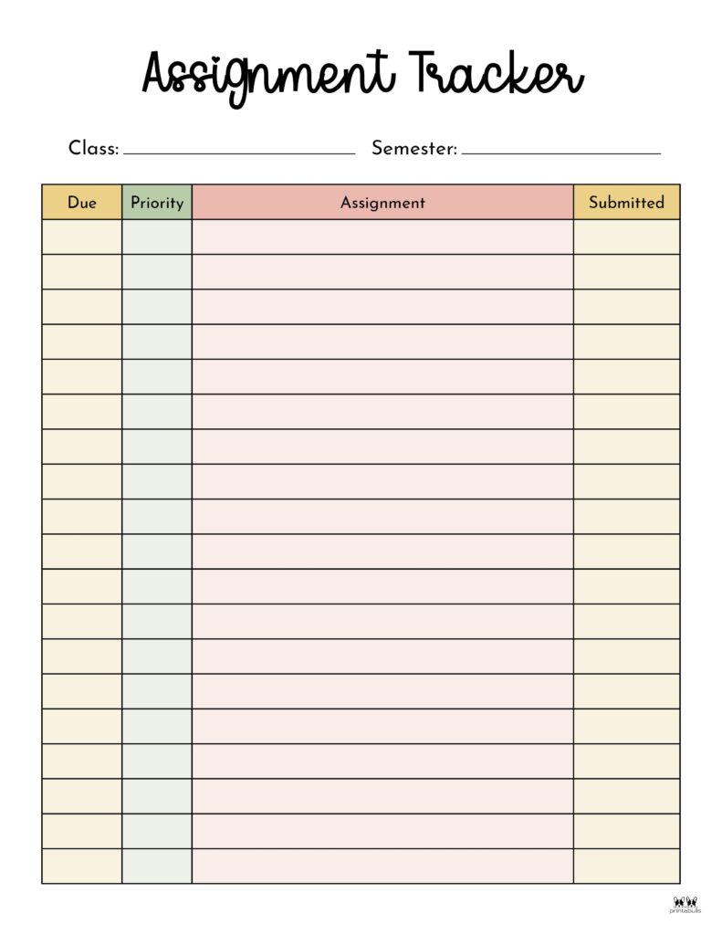 Assignment Tracker Free Printable