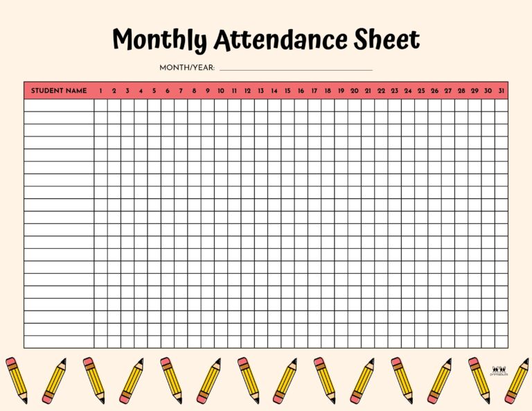 Attendance Sheets - 52 FREE Printables | Printabulls