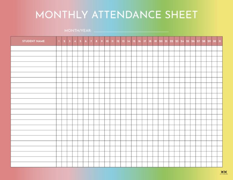 Attendance Sheets - 52 FREE Printables | Printabulls