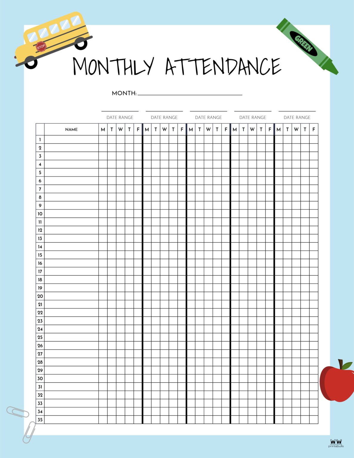 attendance sheets 52 free printables printabulls student