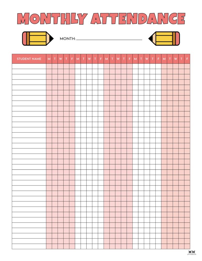 Attendance Sheets - 52 FREE Printables | Printabulls