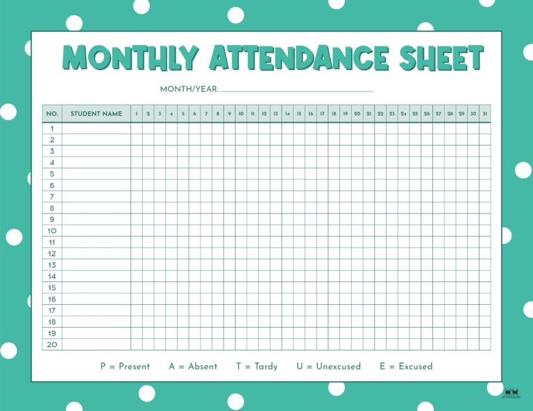 Attendance Sheets - 52 FREE Printables | Printabulls