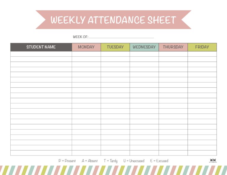 Attendance Sheets - 52 FREE Printables | Printabulls