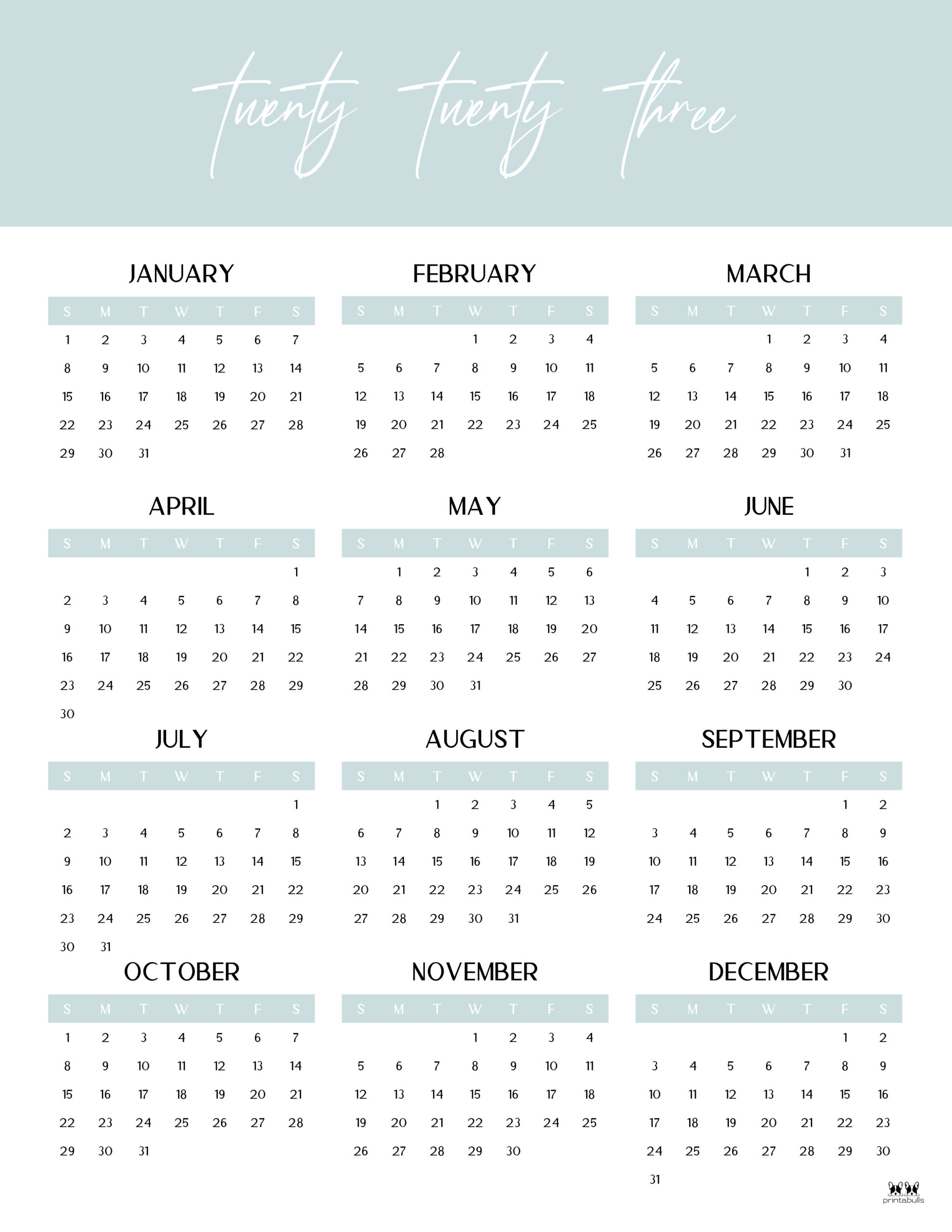 2023 Yearly Calendars - 28 FREE Printables | Printabulls