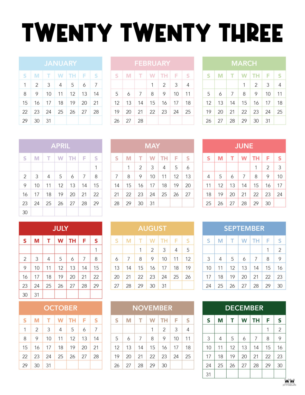 2023 Yearly Calendars - 28 FREE Printables | Printabulls