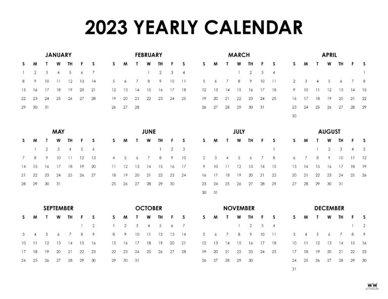 2023 Yearly Calendars - 28 FREE Printables | Printabulls