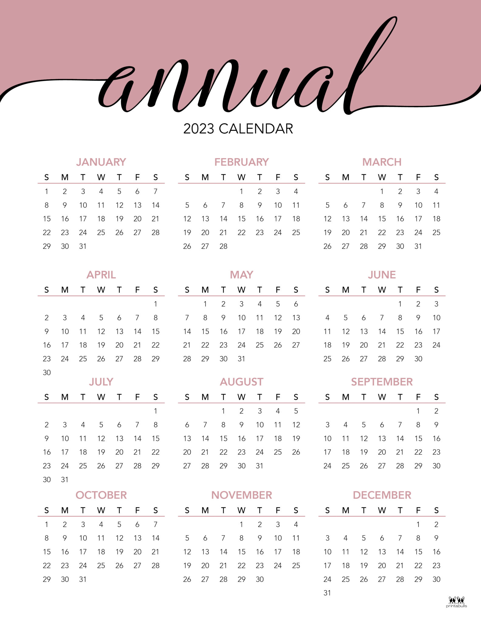 2023 Yearly Calendars - 28 FREE Printables | Printabulls