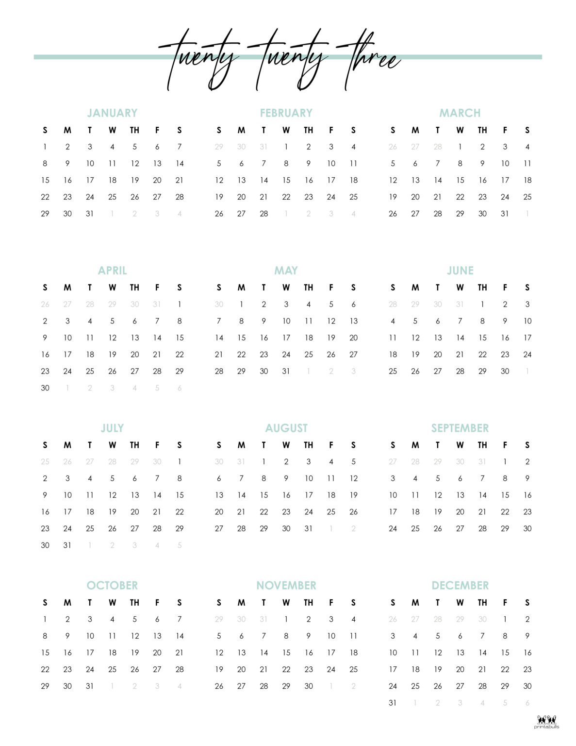 2023 Yearly Calendars - 28 FREE Printables | Printabulls