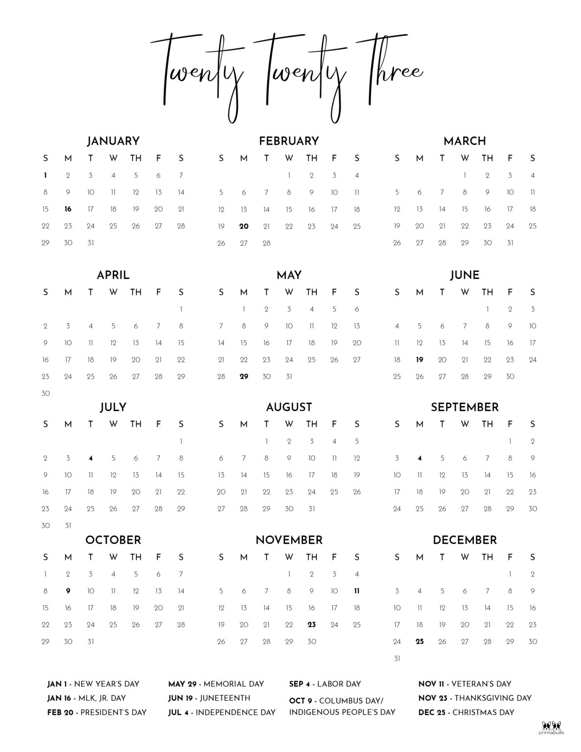 2023 Yearly Calendars - 28 FREE Printables | Printabulls