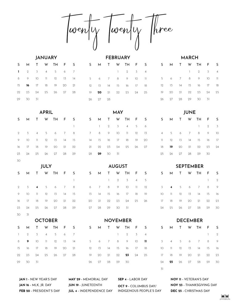 2023 Yearly Calendars - 28 FREE Printables | Printabulls