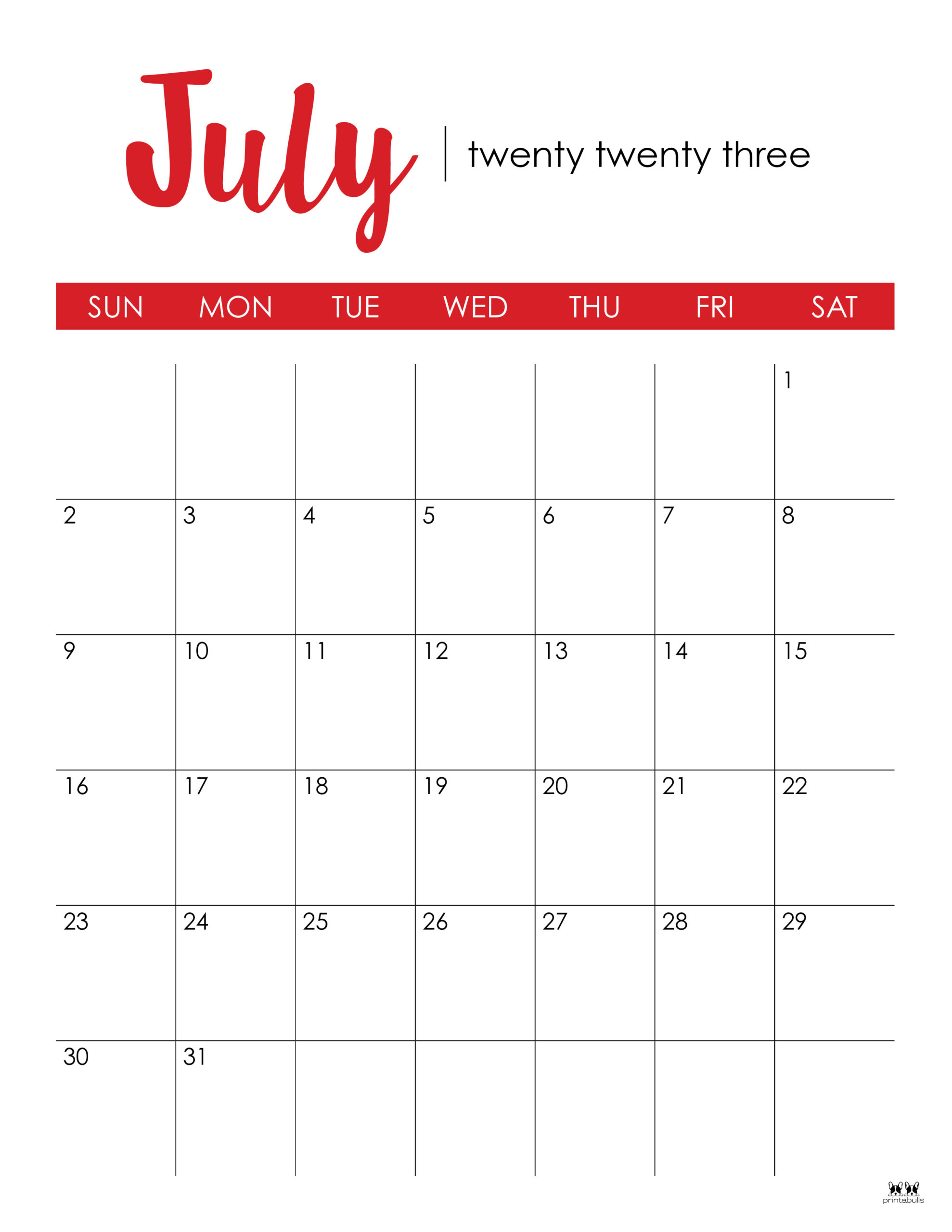 July 2023 Calendars - 50 FREE Printables | Printabulls