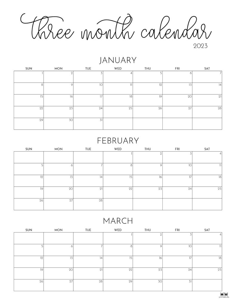 Three Month Quarterly Calendars 32 FREE Calendars PrintaBulk